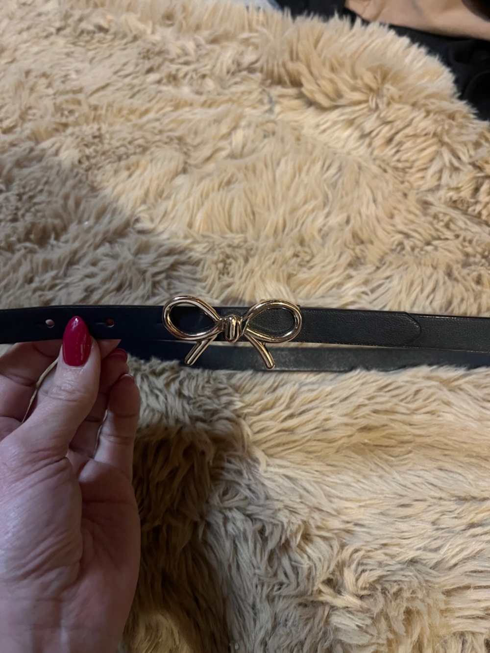 Black Faux Leather Belt with Gold Bow Buckle, Size M